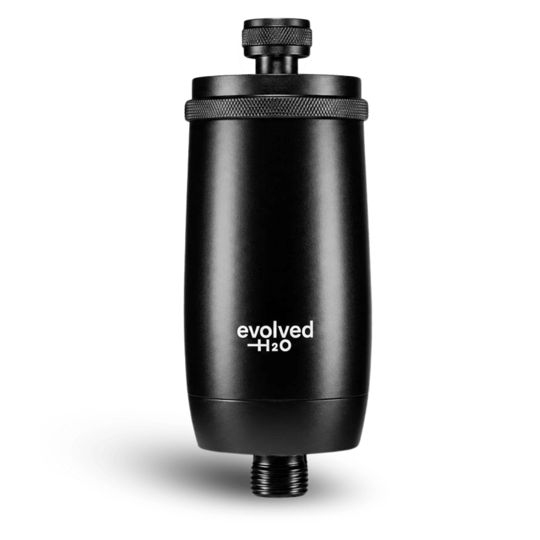 Black Evolved H2O shower filter on a transparent background