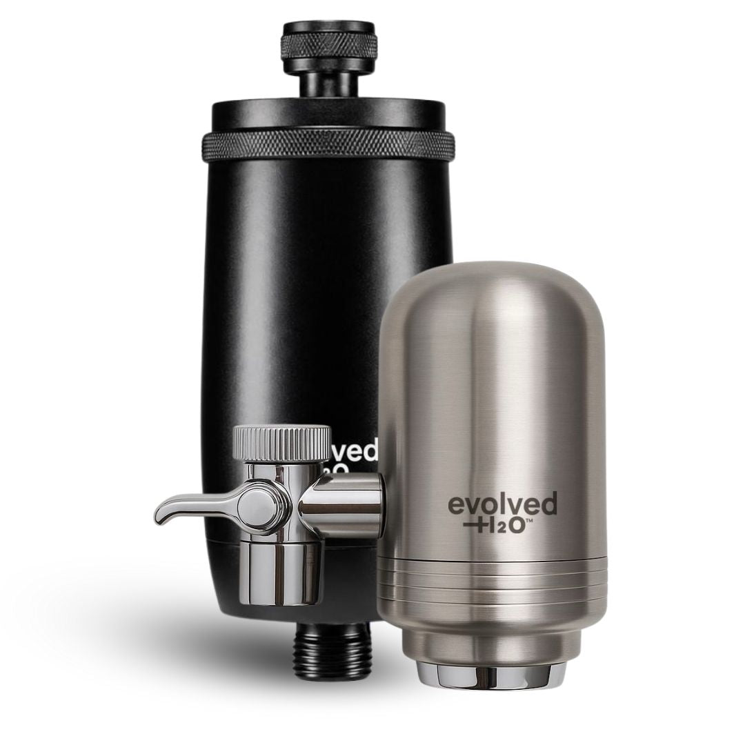 Evolved H2O black tap and shower filter bundle featuring a black shower filter, stainless steel tap filter, and chrome diverter valve on a white background