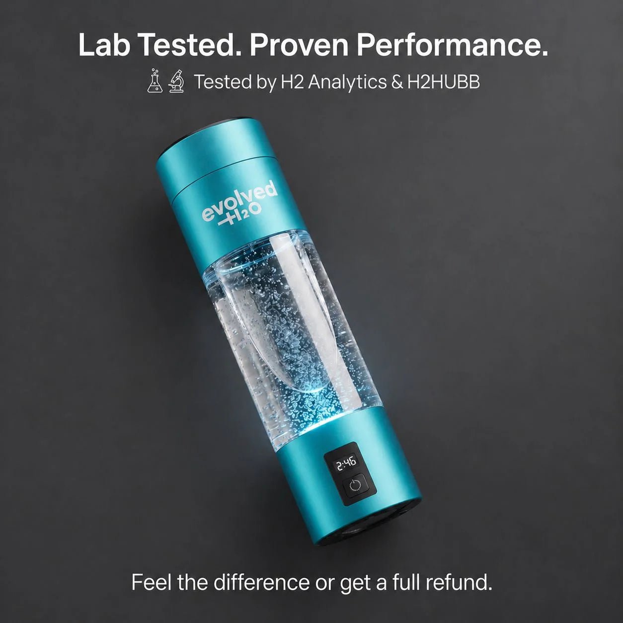 Blue Evolved H2O Hydrogen Pro Bottle with illuminated hydrogen bubbles and lab testing text on a dark background