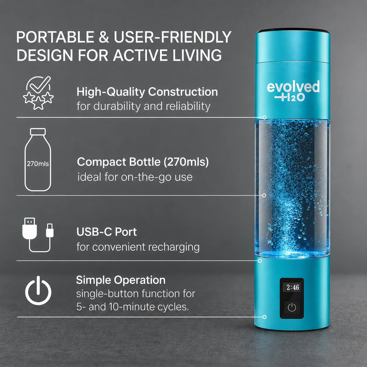 Blue Evolved H2O Hydrogen Pro Bottle showing its 270 ml capacity, USB-C charging, single-button operation and 5- and 10-minute cycles