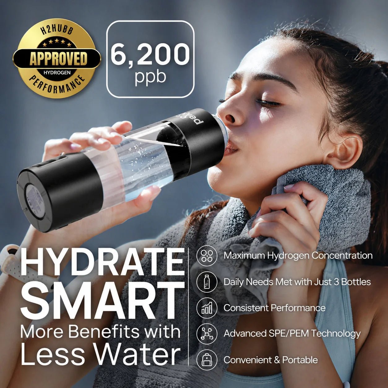 Woman drinking from the Evolved H2O Hydrogen Pro Bottle with 6,200 ppb hydrogen concentration and SPE/PEM technology features shown