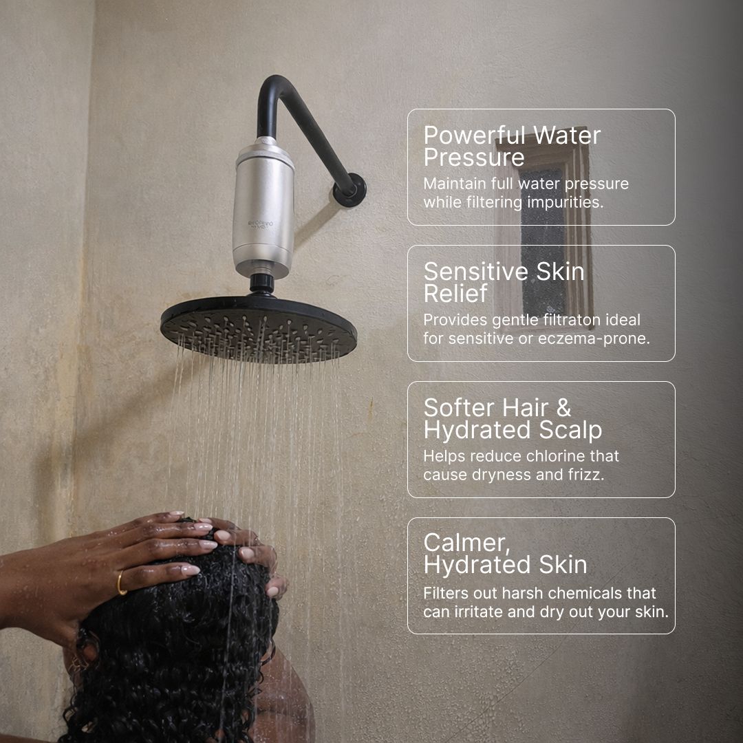 Evolved H2O shower filter installed above a rainfall shower head with water running