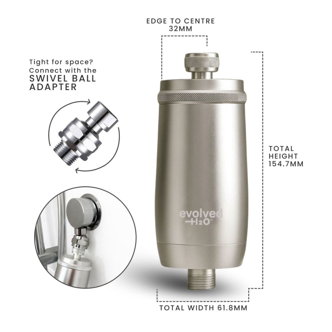 Evolved H2O shower filter dimensions showing 154.7 mm height, 61.8 mm width and optional swivel ball adapter for tight spaces