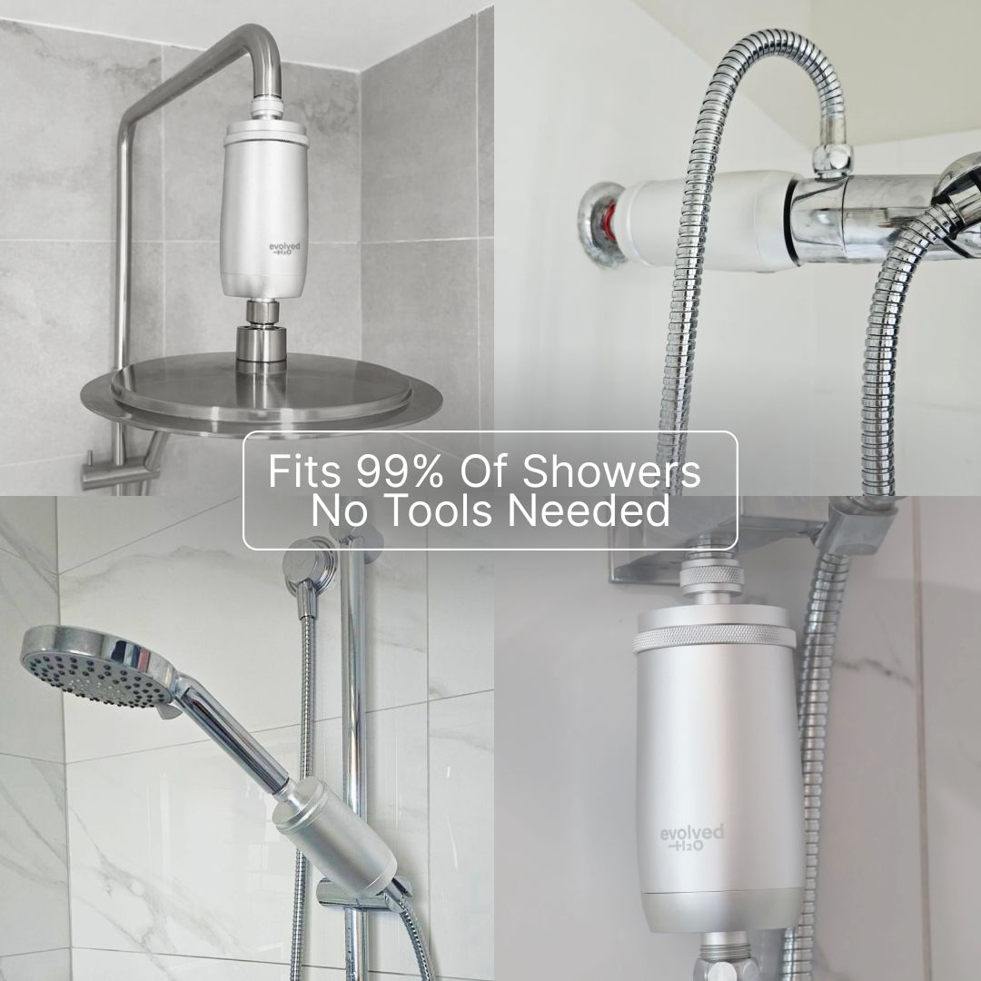 Evolved H2O shower filter installed on fixed, handheld and wall-mounted shower fittings