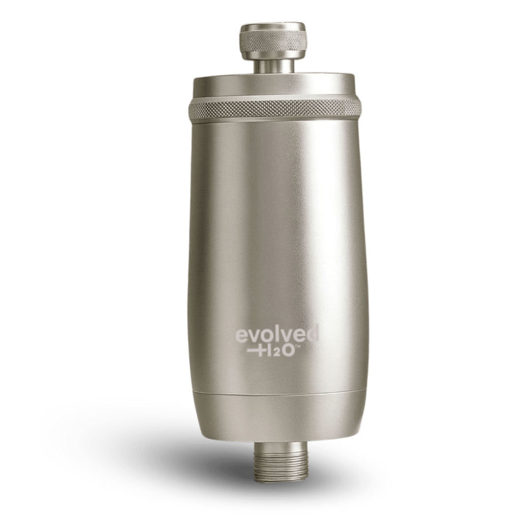 Silver Evolved H2O shower filter on a transparent background