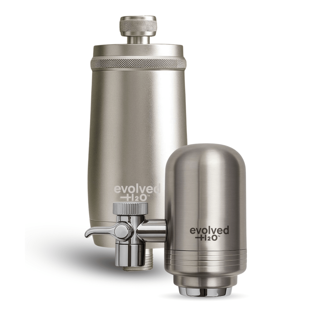 Evolved H2O silver tap and shower filter bundle featuring a silver shower filter, stainless steel tap filter and chrome diverter valve on a white background