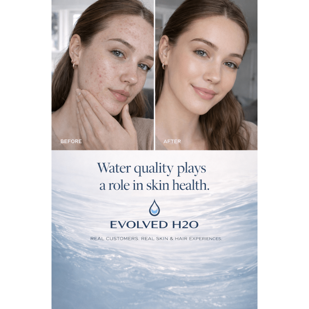 Before-and-after comparison of facial skin with text explaining that water quality can affect skin health