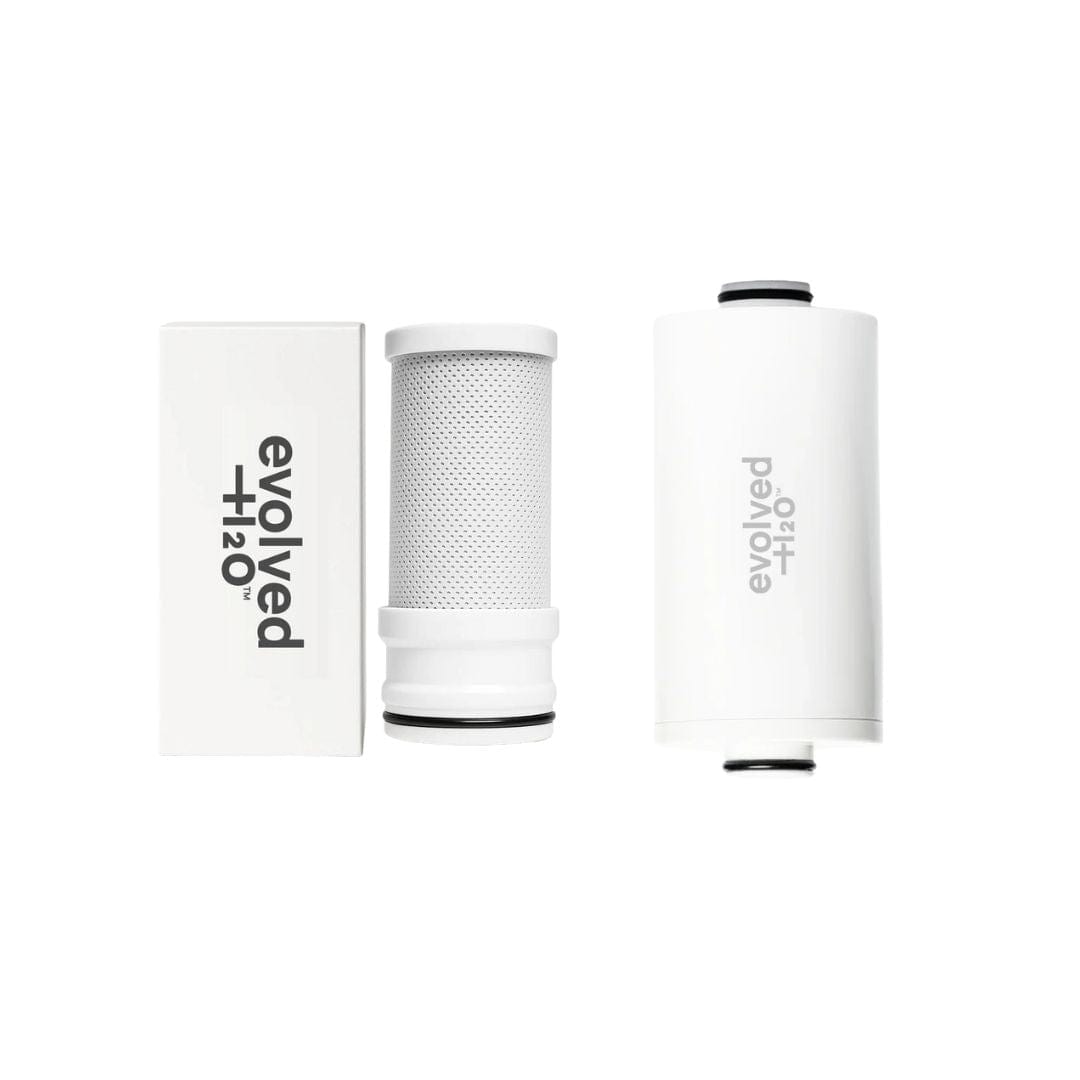 Evolved H2O tap and shower filter refill bundle with branded box and two white filter cartridges on a white background