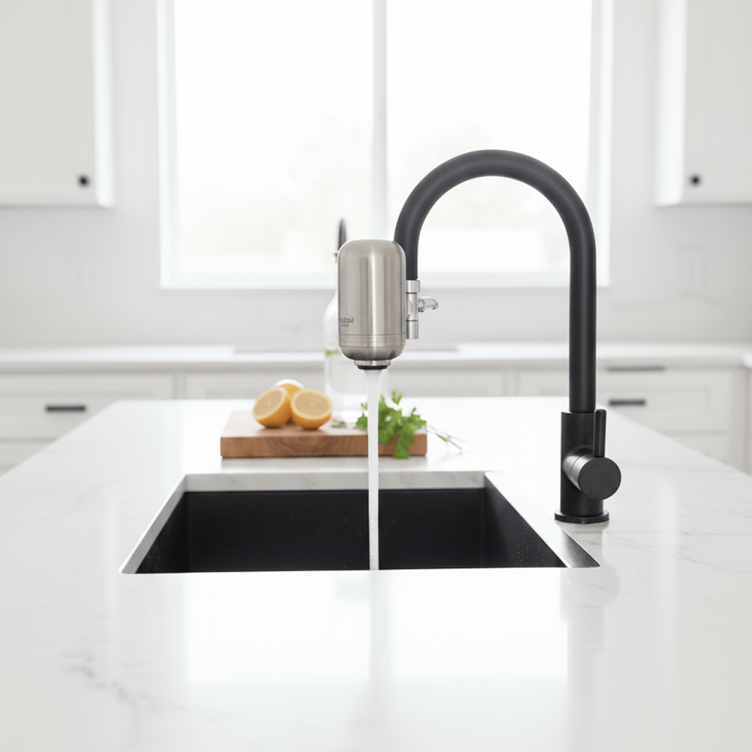 Evolved H2O tap water filter installed on a black kitchen faucet with water running into the sink