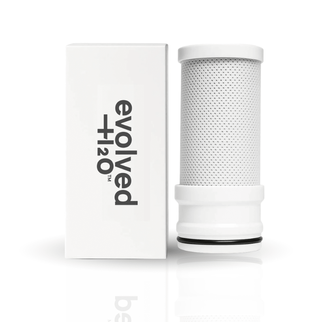 Evolved H2O tap filter replacement cartridge with branded packaging on a white background