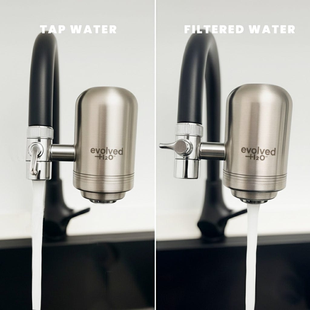 Evolved H2O tap filter showing the diverter valve switched between unfiltered tap water and filtered water flow