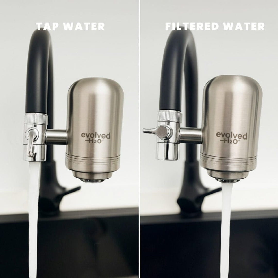 Evolved H2O tap filter showing the diverter valve switched between unfiltered tap water and filtered water flow