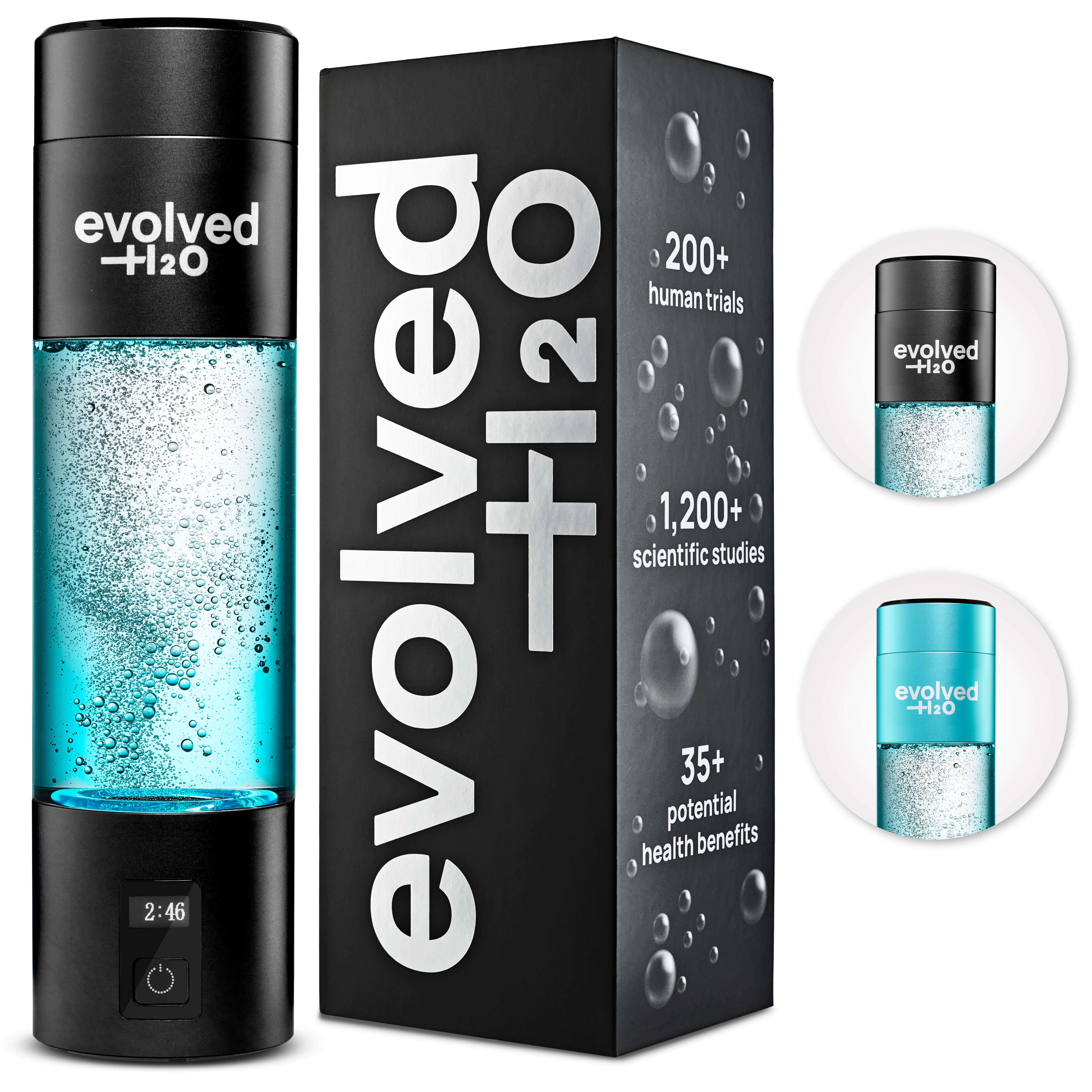 Evolved H2O Pro Bottle with retail packaging showcasing hydrogen water capacity