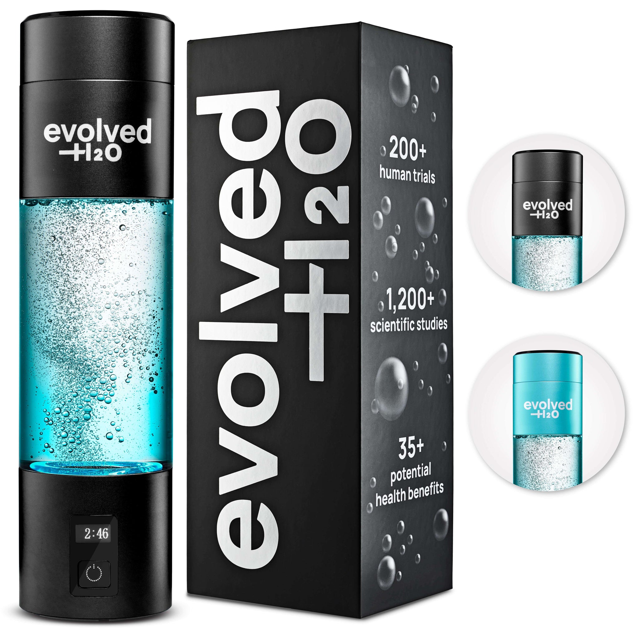 Evolved H2O Pro Bottle with retail packaging showcasing hydrogen water capacity