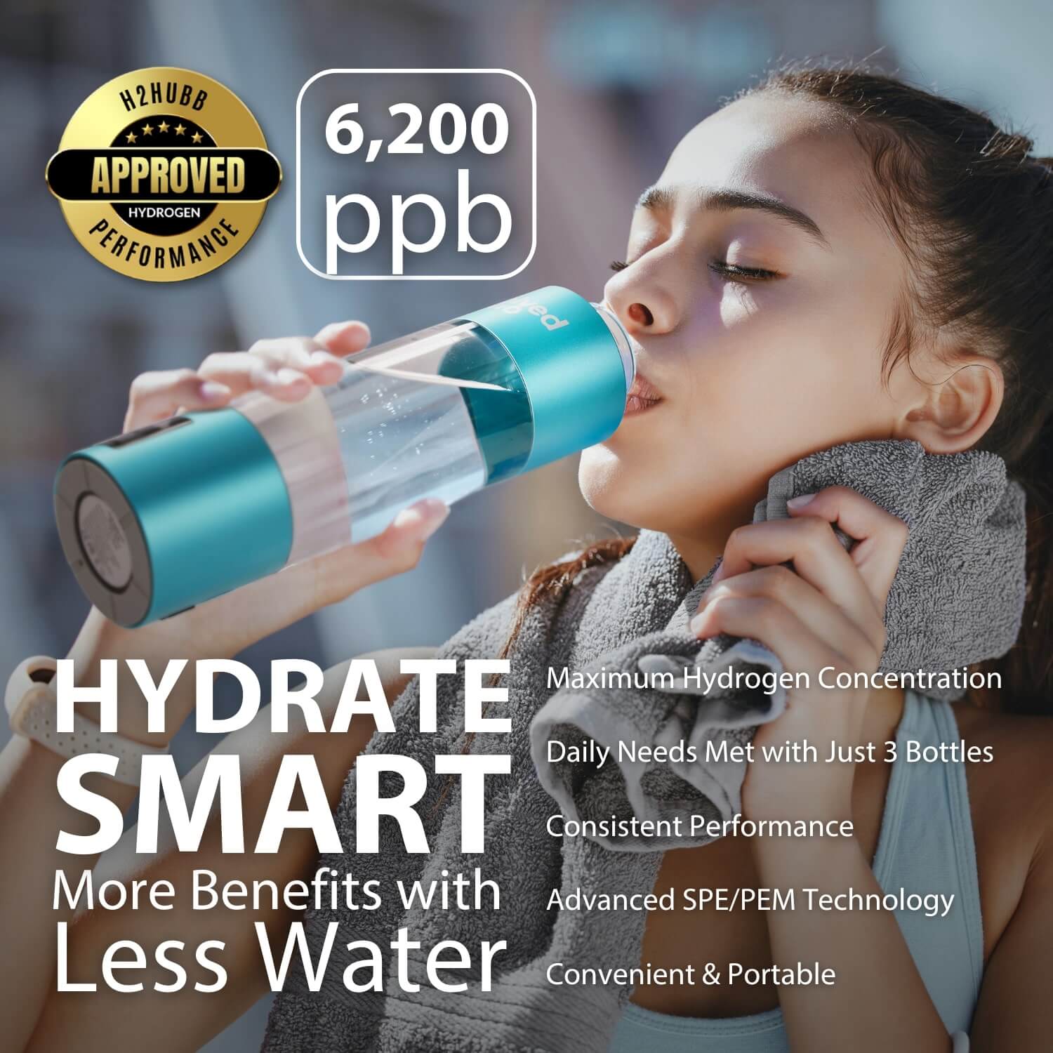 Woman drinking hydrogen water with text highlighting smart hydration benefits