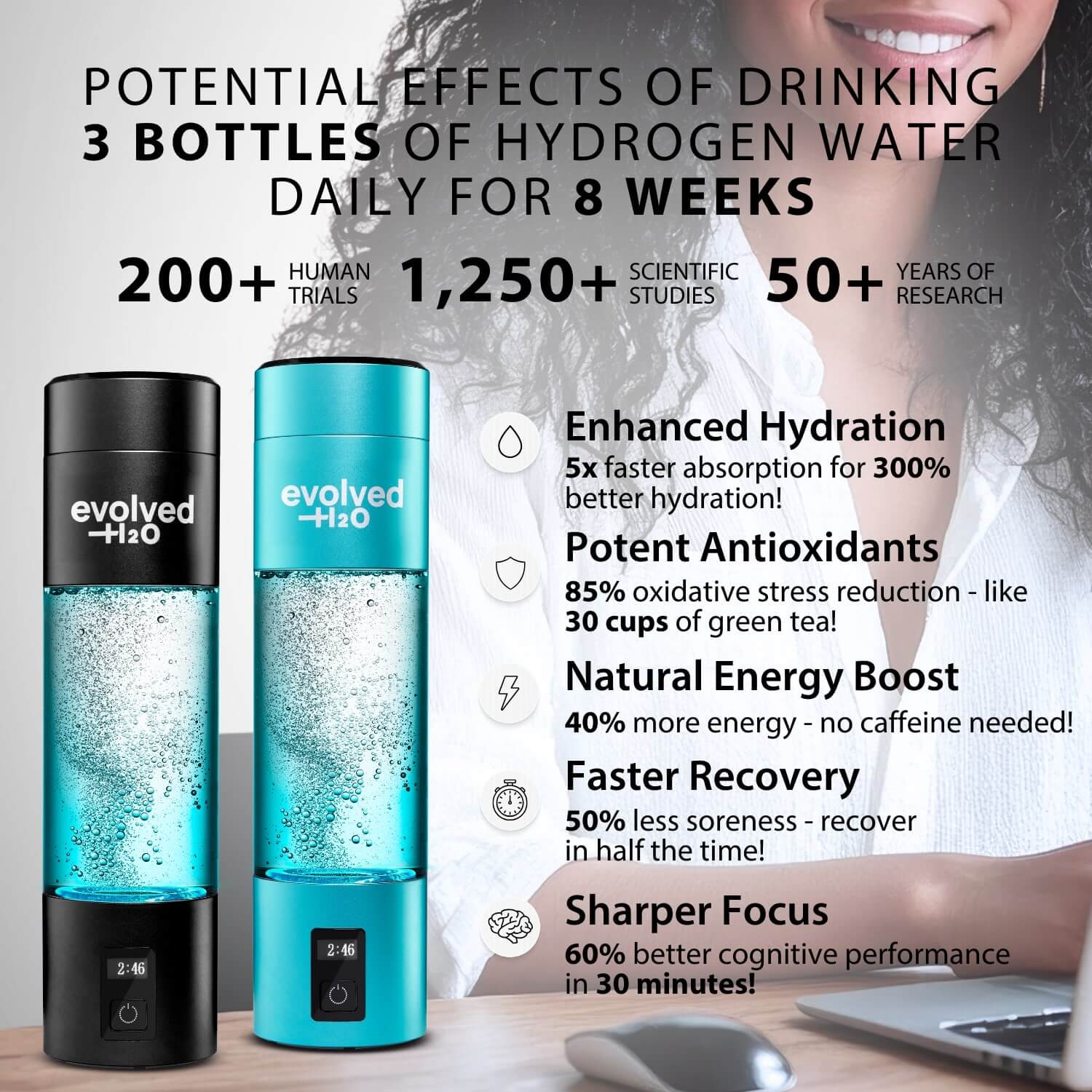 Hydrogen water benefits including energy boost, anti-inflammatory effects, and skin hydration