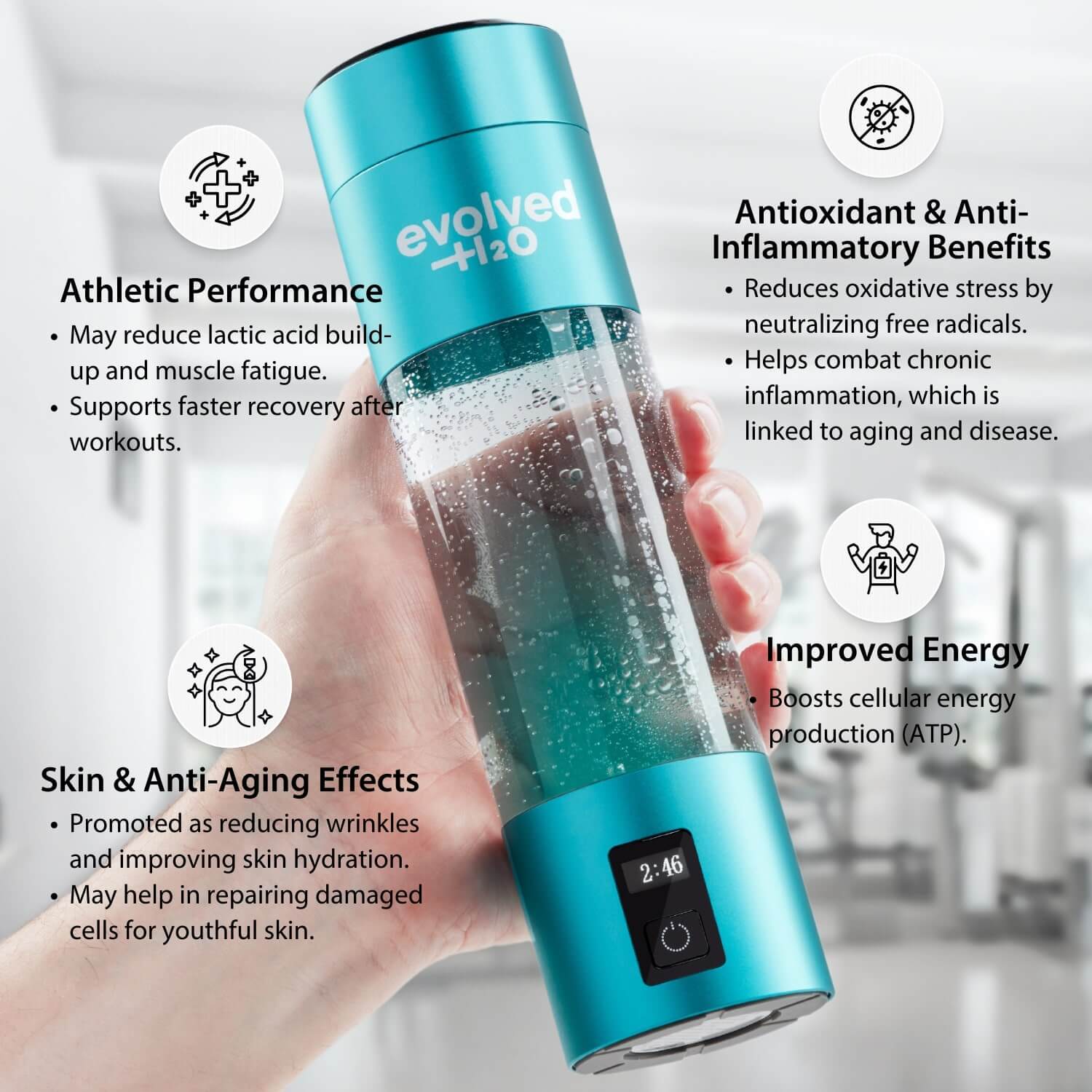 Hydrogen water benefits including energy boost, anti-inflammatory effects, and skin hydration